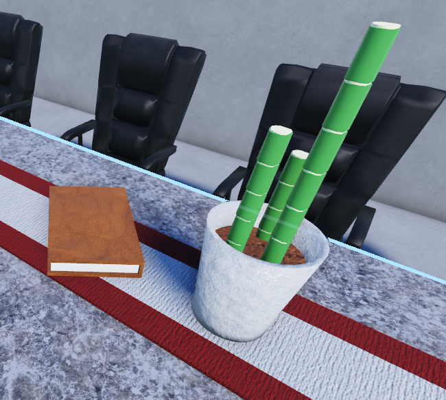 A Screenshot of a ROBLOX Game, featuring a Bamboo Plant and a Book on a Marble Table.